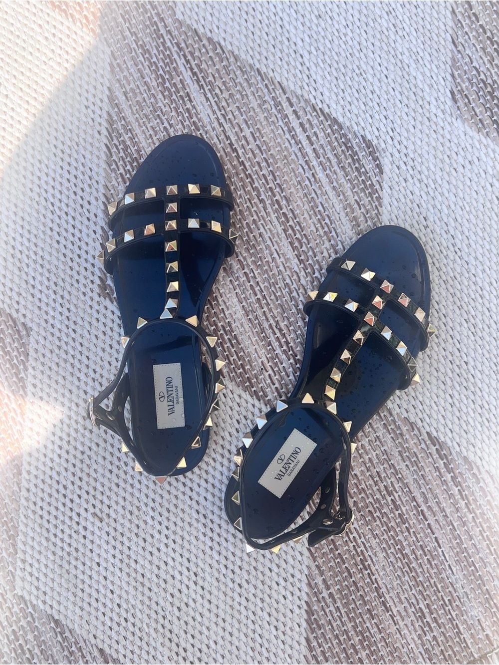 Valentino Garavani Black Sandals with Gold Pyramid Studs